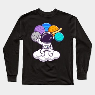 Astronaut Sitting On Cloud With Planet Balloon Cartoon Long Sleeve T-Shirt